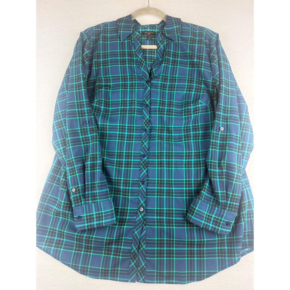 Talbots Woman Blue Teal Plaid Roll Tab Sleeve Button Down Tunic Top Size X
